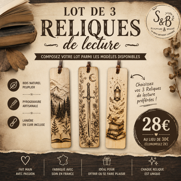 Lot de 3 marque-pages pyrogravés en bois – Reliques de lecture