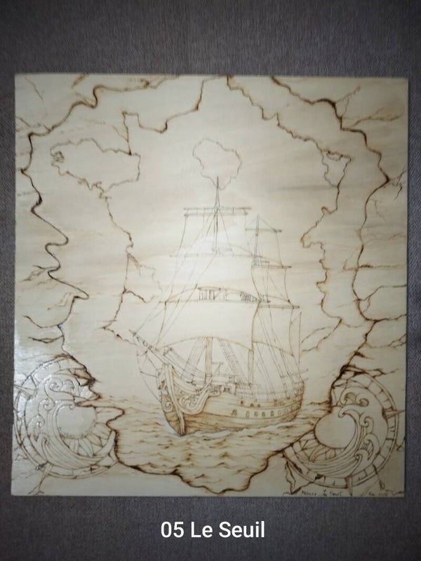 Tableau pyrogravé sur bois – Navire ancien – Le Seuil