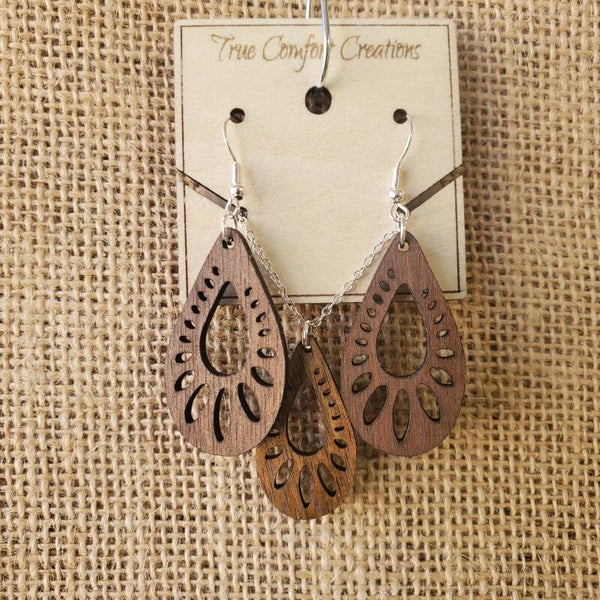 Walnut Laser cut Earrings and adjustable length necklace