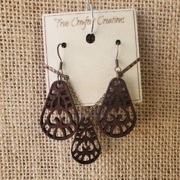 Walnut Laser cut Earrings and adjustable length necklace