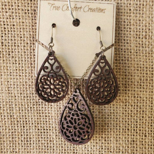 Walnut Laser cut Earrings and adjustable length necklace