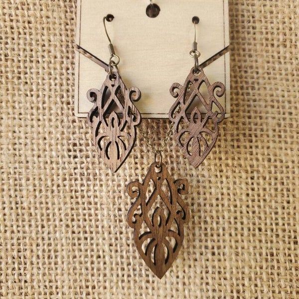 Walnut Laser cut Earrings and adjustable length necklace