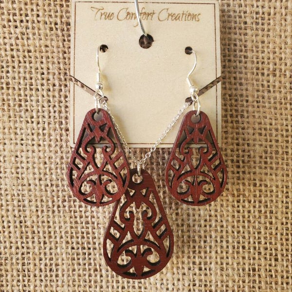 Walnut Laser cut Earrings and adjustable length necklace