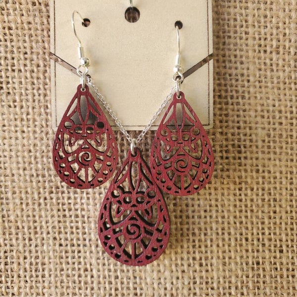 Walnut Laser cut Earrings and adjustable length necklace