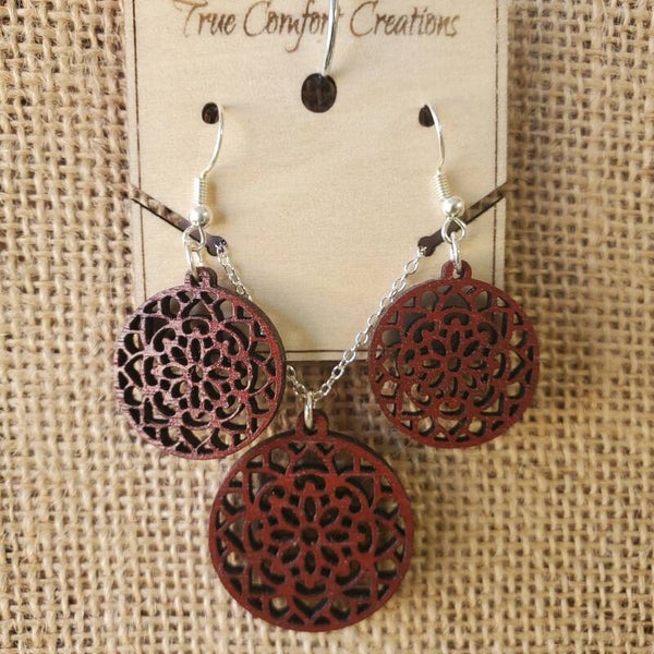 Walnut Laser cut Earrings and adjustable length necklace