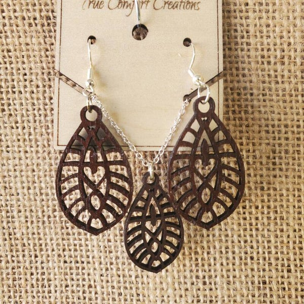 Walnut Laser cut Earrings and adjustable length necklace