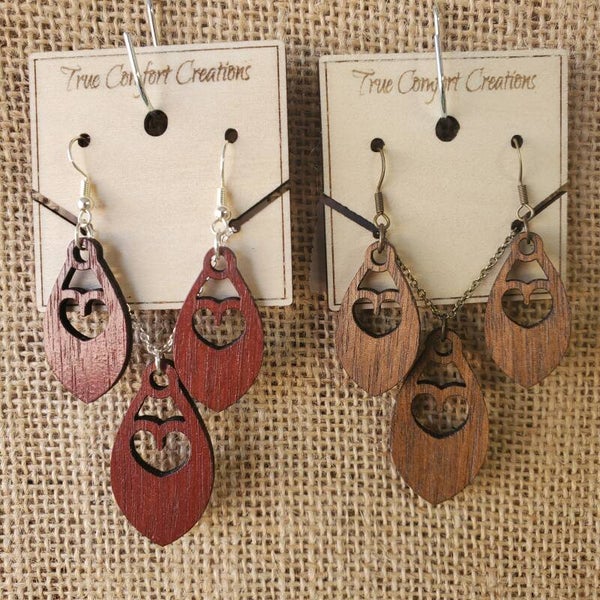Walnut Laser cut Earrings and adjustable length necklace
