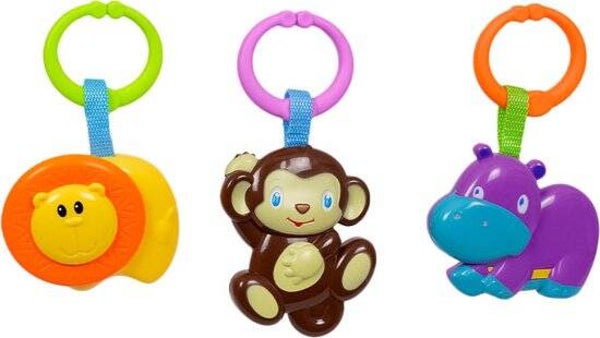 Rammelaar Cadeauset – Aap, Leeuw & Nijlpaard – 3-delig – Met C-Klip voor Buggy & Wieg