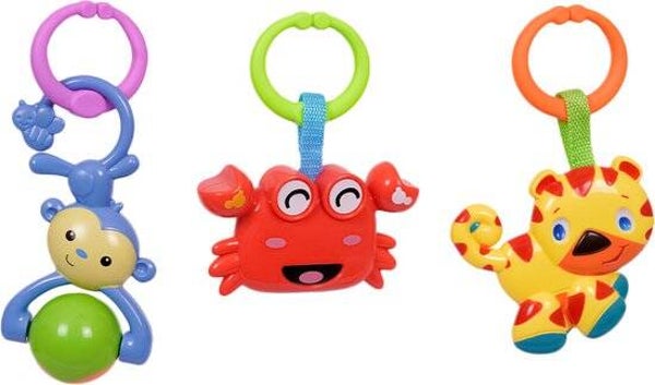 Rammelaar Cadeauset – Aap, Krab & Tijger – 3-delig – Met Handige Bevestigingsclip