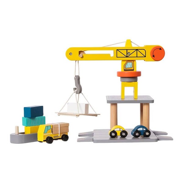 Houten Hijskraan Speelset – 22-delig – Inclusief Voertuigen & Accessoires – Vanaf 3 Jaar