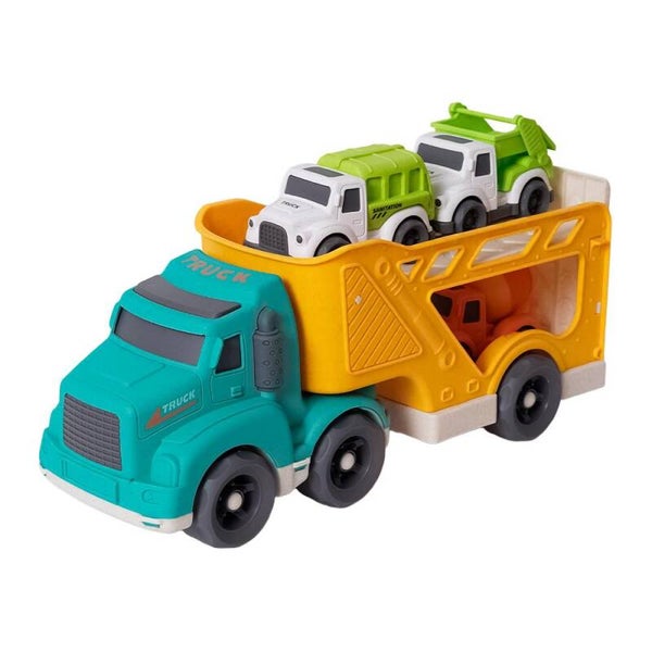 BIOplastic Transportwagen inclusief 3 Vrachtwagens – 32 cm – Duurzaam Speelgoed – Vanaf 18 Maanden