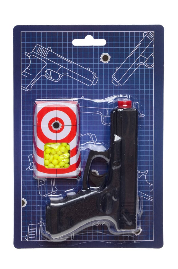 Speelgoedpistool Zwart/Rood op Kaart 15cm – Inclusief 6mm Balletjes – Actie Speelgoed – Vanaf 3 jaar