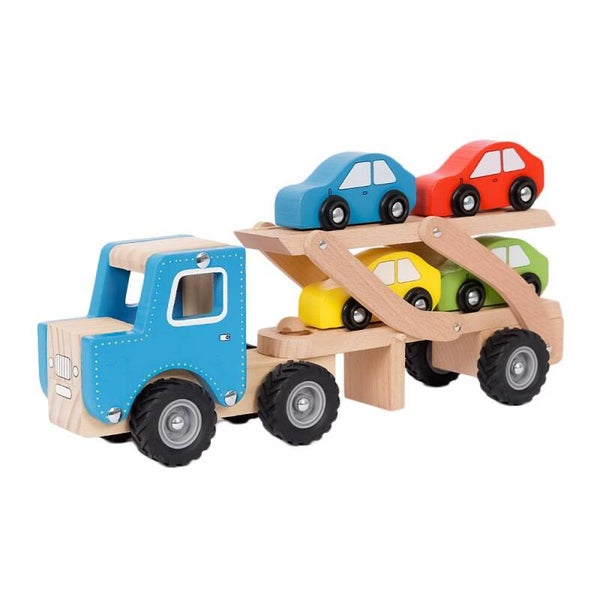 Houten Autotransporter Vrachtwagen blauw – Inclusief 4 Auto's – Duurzaam Hout – Vanaf 18 Maanden