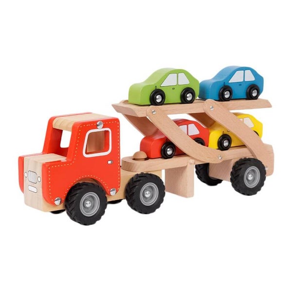 Houten Autotransporter Vrachtwagen Rood – Inclusief 4 Auto's – Duurzaam Hout – Vanaf 18 Maanden