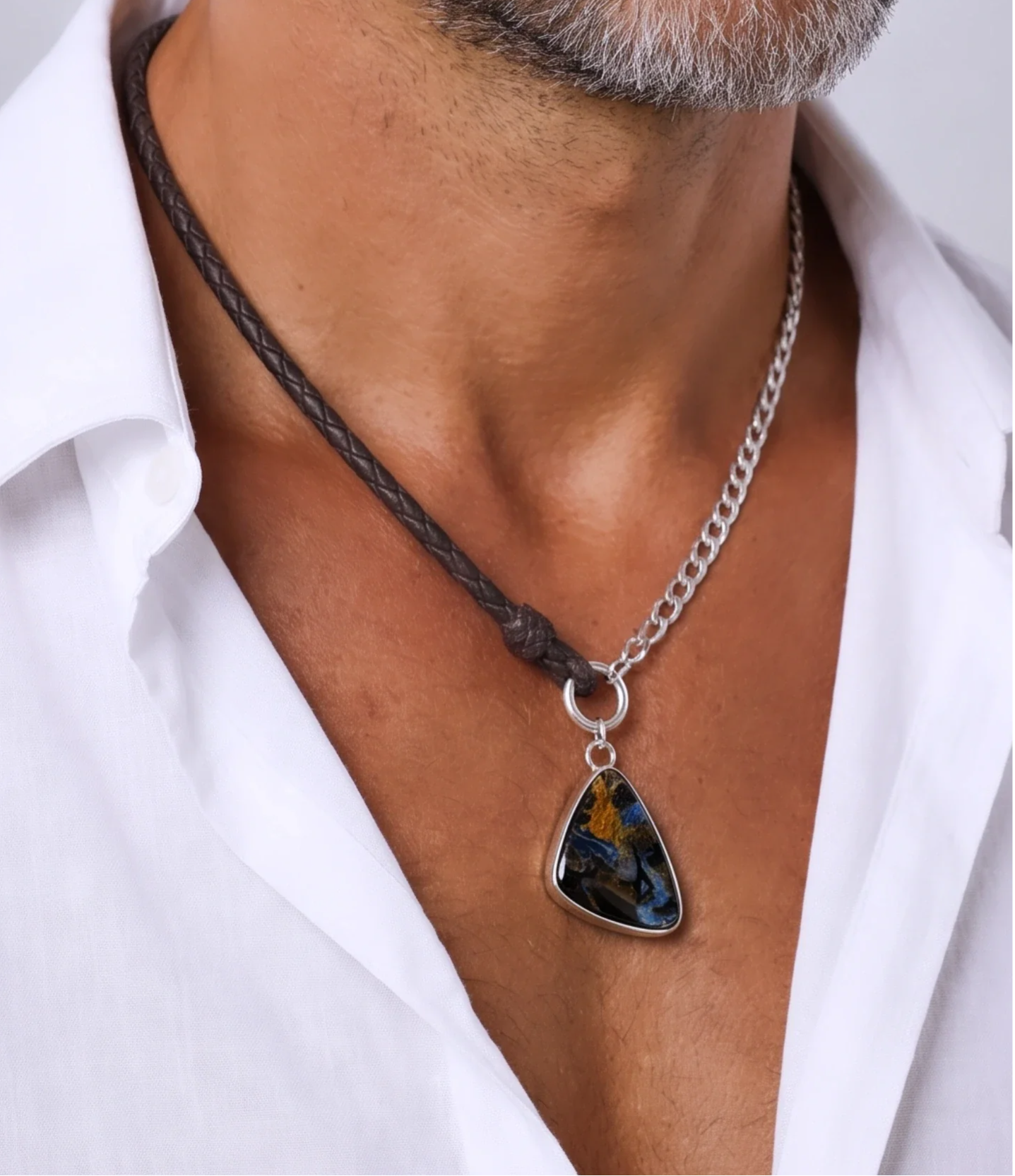 Pietersite Pendant & Silver/Leather Necklace