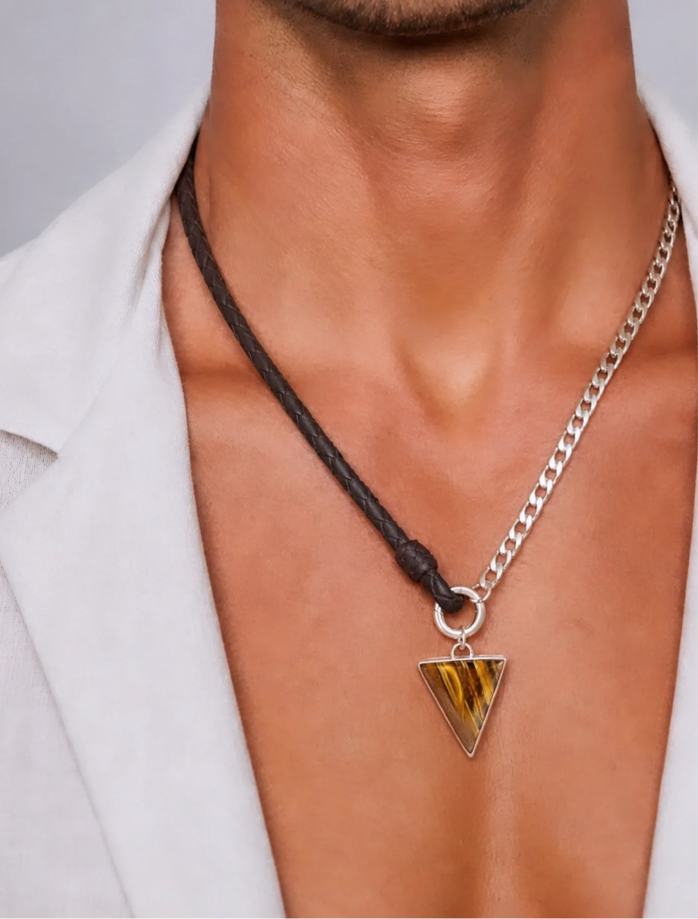 Tiger Eye Pendant & Silver/Leather Necklace