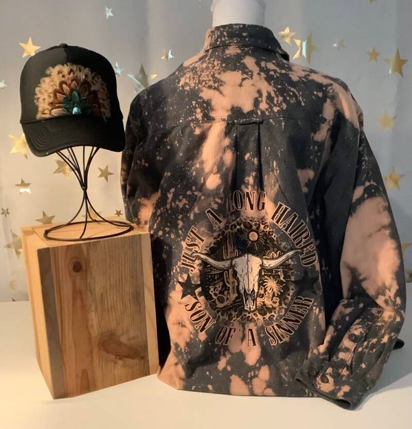Printed Vintage Hand Bleached Flannel Shirt “Just A Long Haired Son Of A Sinner”