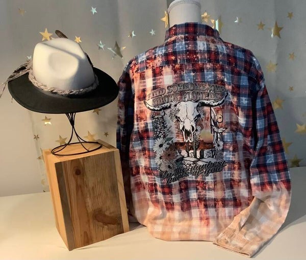 Printed Vintage Hand Bleached Flannel Shirt “Find Someone Who Grows Flowers In The Darkest Part Of You”