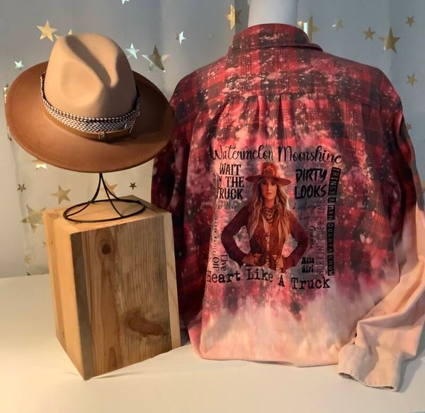 Printed Vintage Hand Bleached  Flannel Shirt “Lainey Wilson Top Hits”