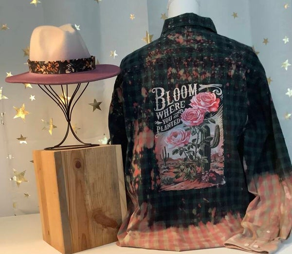 Printed Vintage Hand Bleached Cotton Shirt “Bloom Where You Are Planted”