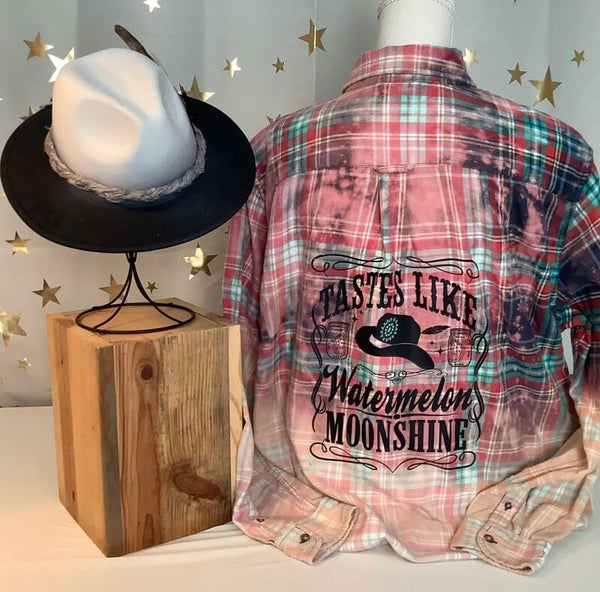 Printed Vintage Hand Bleached Flannel Shirt “Tastes Like Watermelon Moonshine”