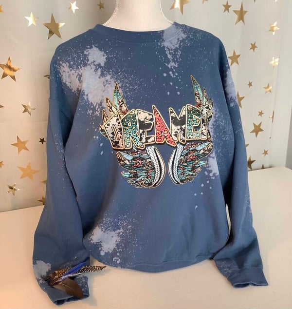 Hand bleached blue sweatshirt “Dreamer”