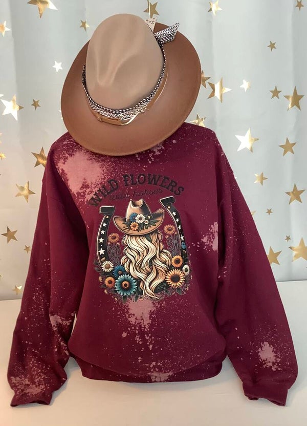 Hand bleached burgundy sweatshirt “Wild Flowers, Wild Horses”