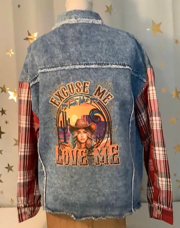 Hand printed denim and plaid jacket “I Think You Love Me”