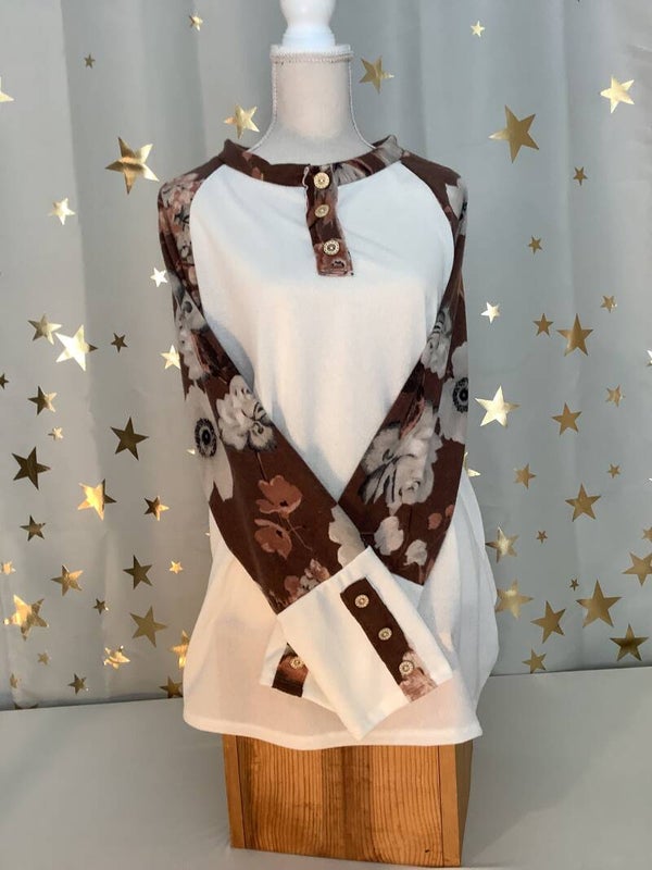 Plus Size Knit Henley Style Top with Floral Sleeves