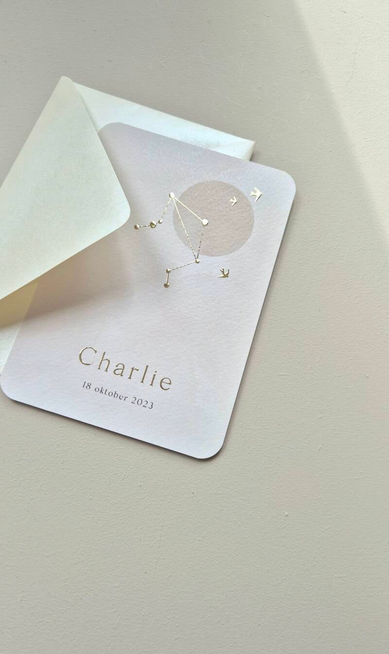 Dit prachtige kaartje met sterrenbeeld heeft een licht beige ondergrond met een mooi watercolor effect. Het sterrenbeeld van jouw kindje wordt, samen met de naam, gedrukt in (goud) folie en wordt weergegeven voor een maan, omringt door foliedruk vogeltjes