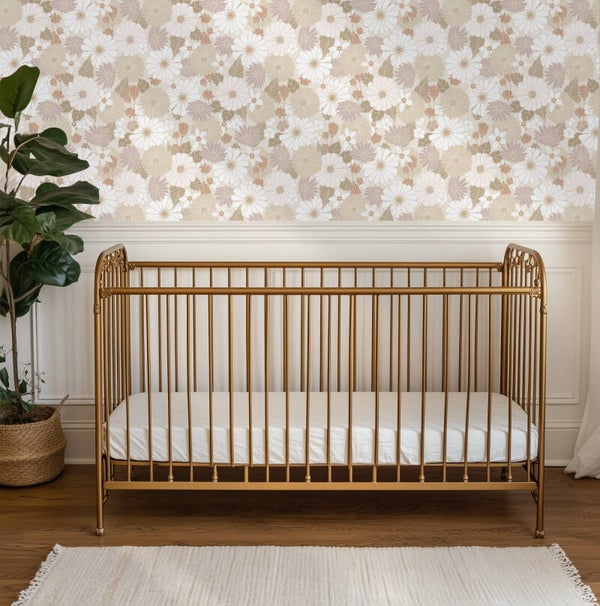 Patroonbehang Lambrisering – Retro flowers | beige