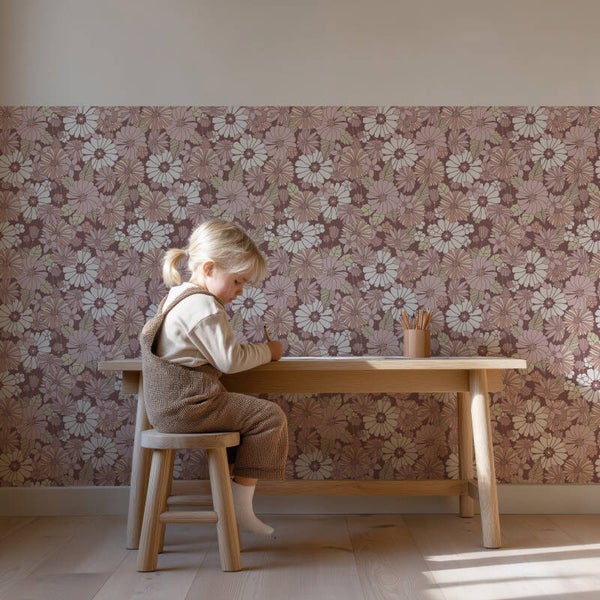 Patroonbehang Lambrisering – Retro flowers | lila