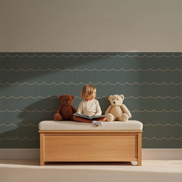 Patroonbehang Lambrisering – Retro waves | blauw