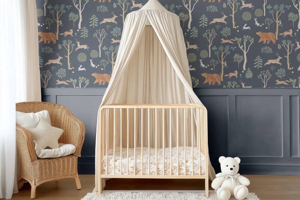 Patroonbehang Lambrisering – Bosvriendjes | blauw