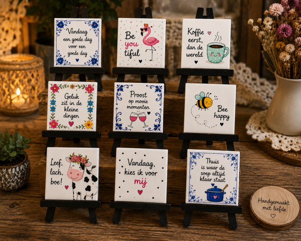 Decoratief Tegeltje met Mini Schildersezel – 11 x 11 cm