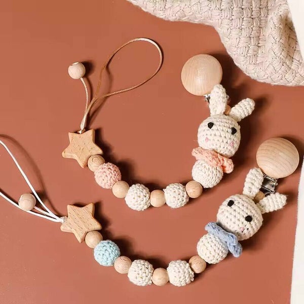 Laten we Fopspeenketting maken 1pc Baby Bijtkettingen Gehaakt Konijn Panda Kralen Houten Clips Houten Bijtring Tiny Rod Kids Dummy Clips