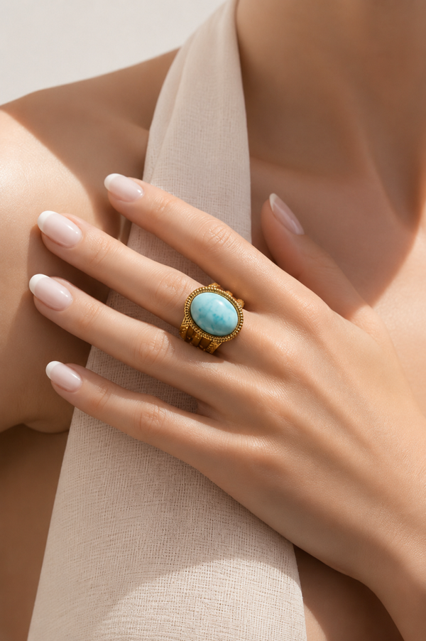 Bague en amazonite ovale en acier inoxydable doré - ajustable