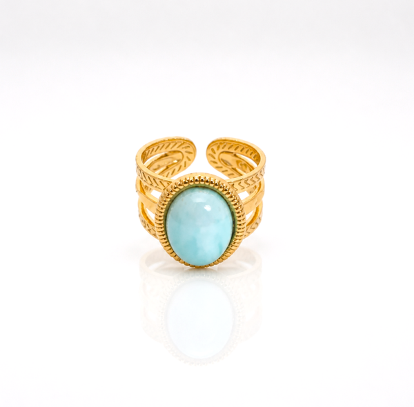 Bague en amazonite ovale acier inoxydable doré - ajustable