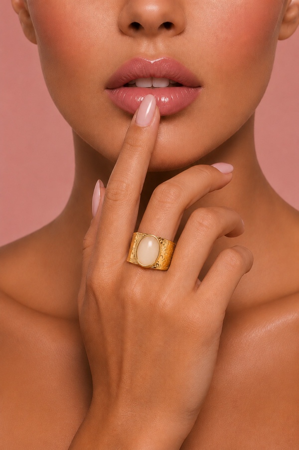 Bague bohème acier inoxydable doré pierre ovale ajustable