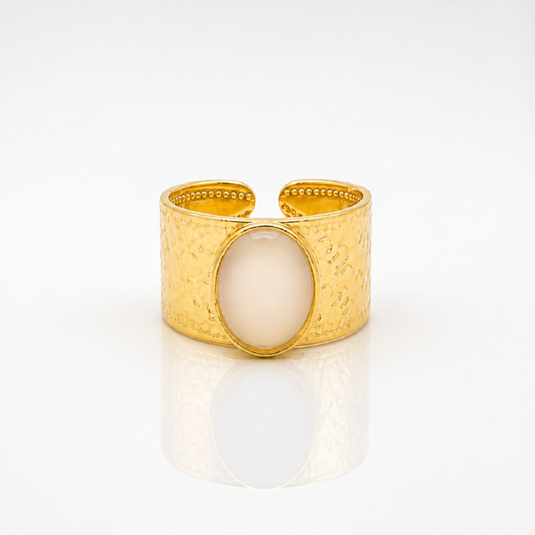 Bague boheme acier inoxydable doré pierre ovale ajustable