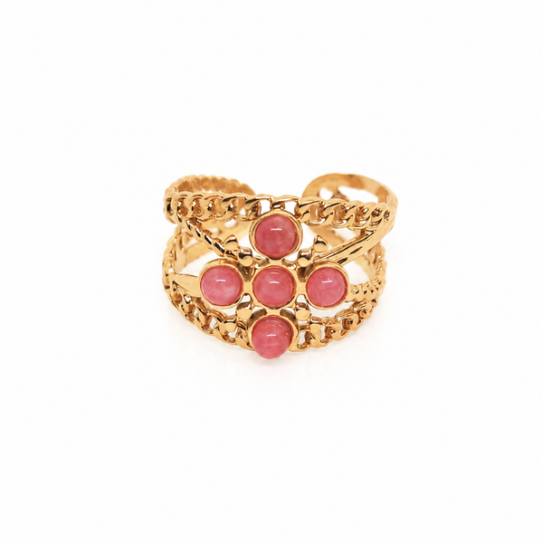 Bague bohème chic croix en rhodonite acier inoxydable doré - ajustable