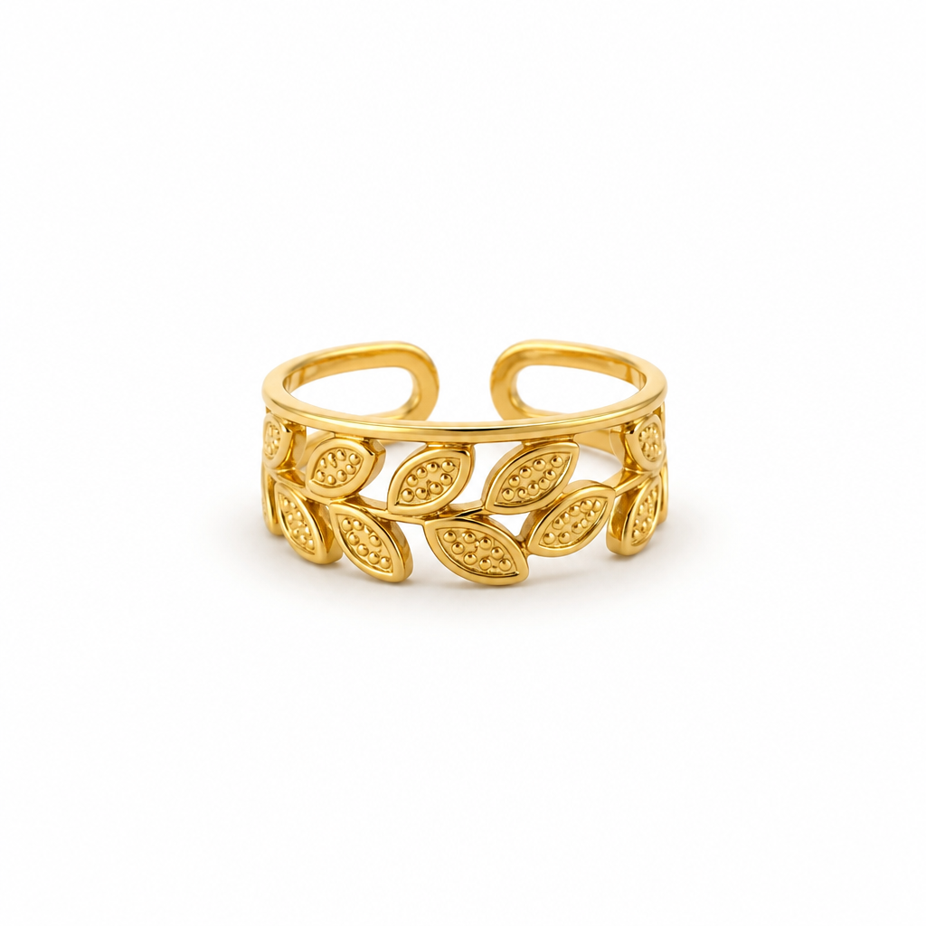 Bague femme feuilles ajourées en acier inoxydable doré réglable