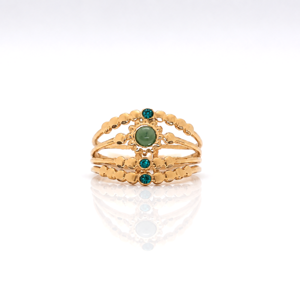 Bague fine multi rangs en pierre naturelle et strass acier inoxydable doré