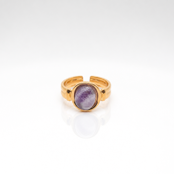Bague fine ajustable en pierre naturelle et acier inoxydable doré - 4 modèles