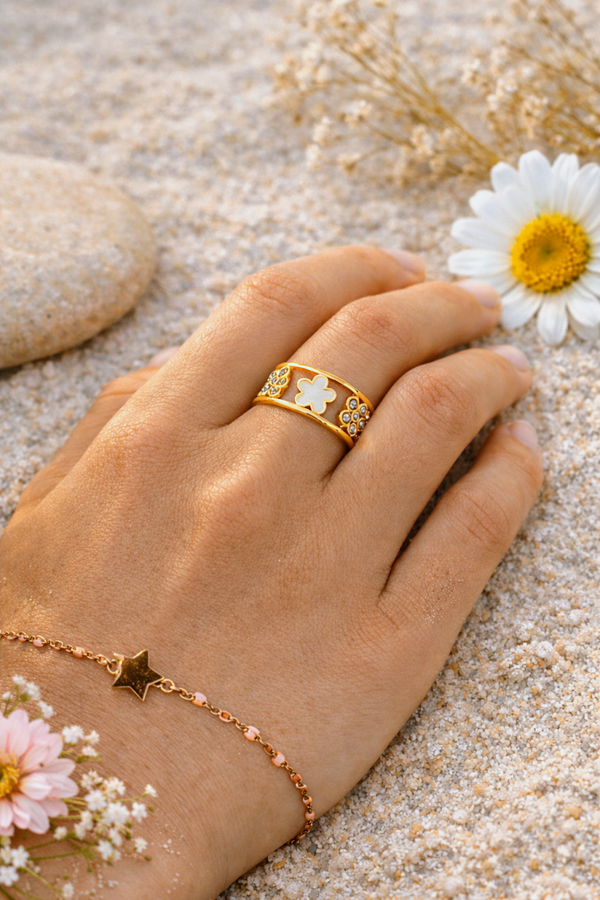 Bague fleur nacre et strass acier inoxydable doré réglable femme