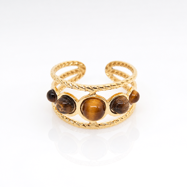 Bague pierres œil de tigre en acier inoxydable doré - Ajustable