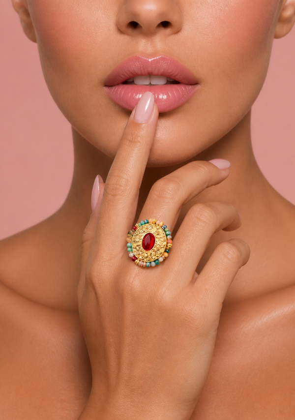 Bague ovale boheme perles multicolores acier inoxydable ajustable
