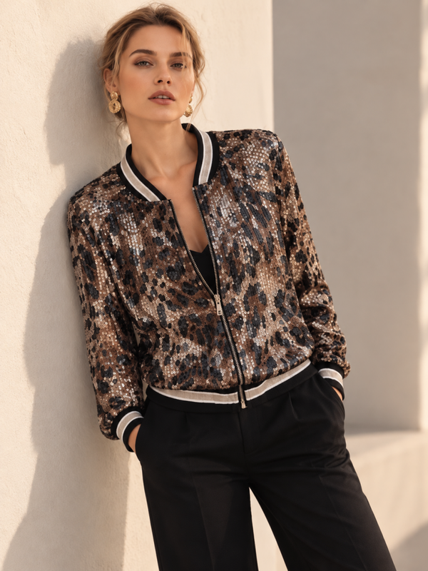Bomber à sequins imprimé léopard