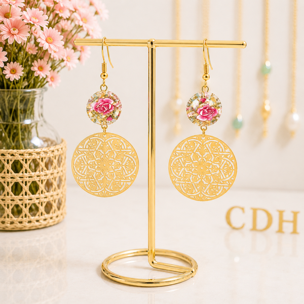Boucles d'oreilles bohème filigrane doré fleur rose inoxydable