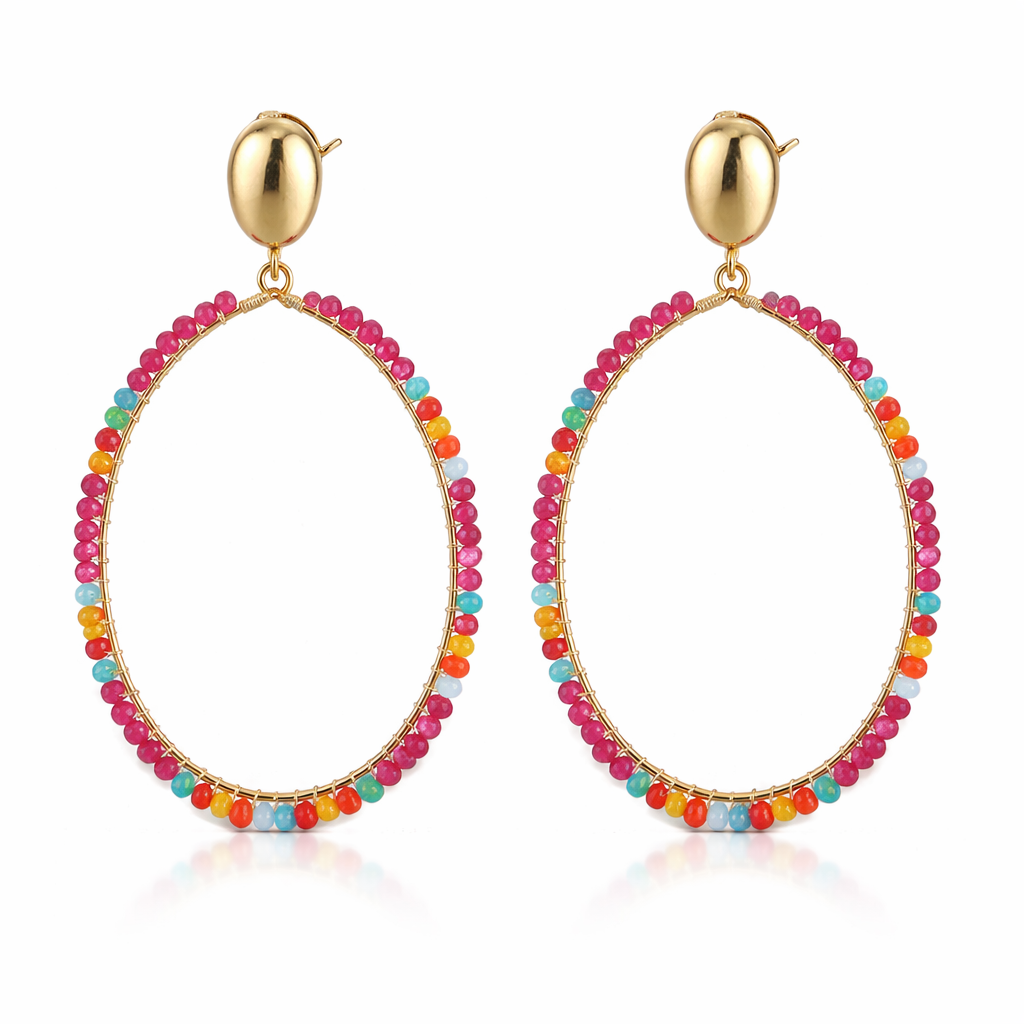 Boucles d'oreilles ovales bohèmes cristal fuchsia multicolores acier inoxydable doré